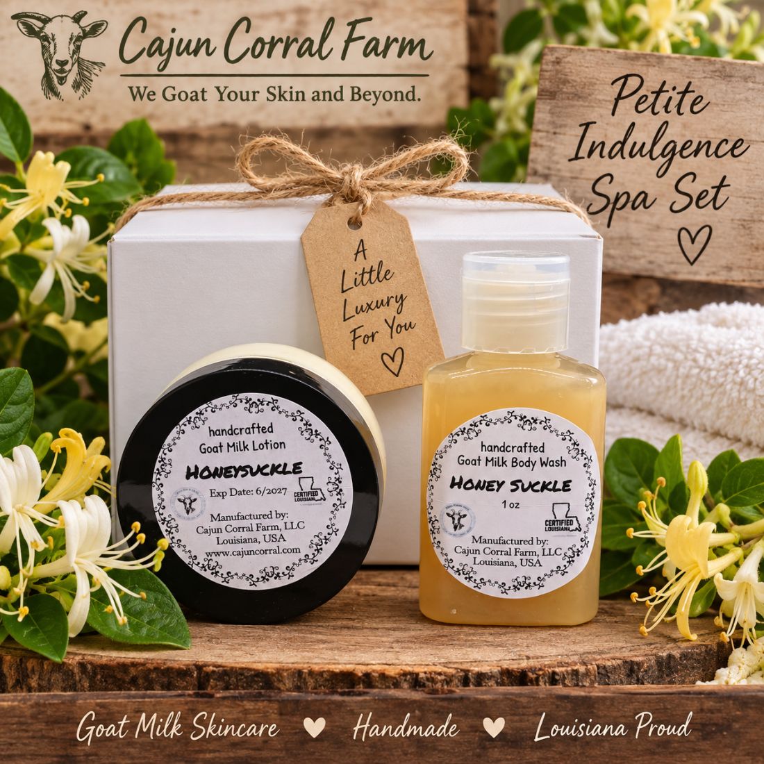 Petite Indulgence Spa Set – Honey Suckle | 1 oz Goat Milk Lotion + 1 oz Goat Milk Body Wash